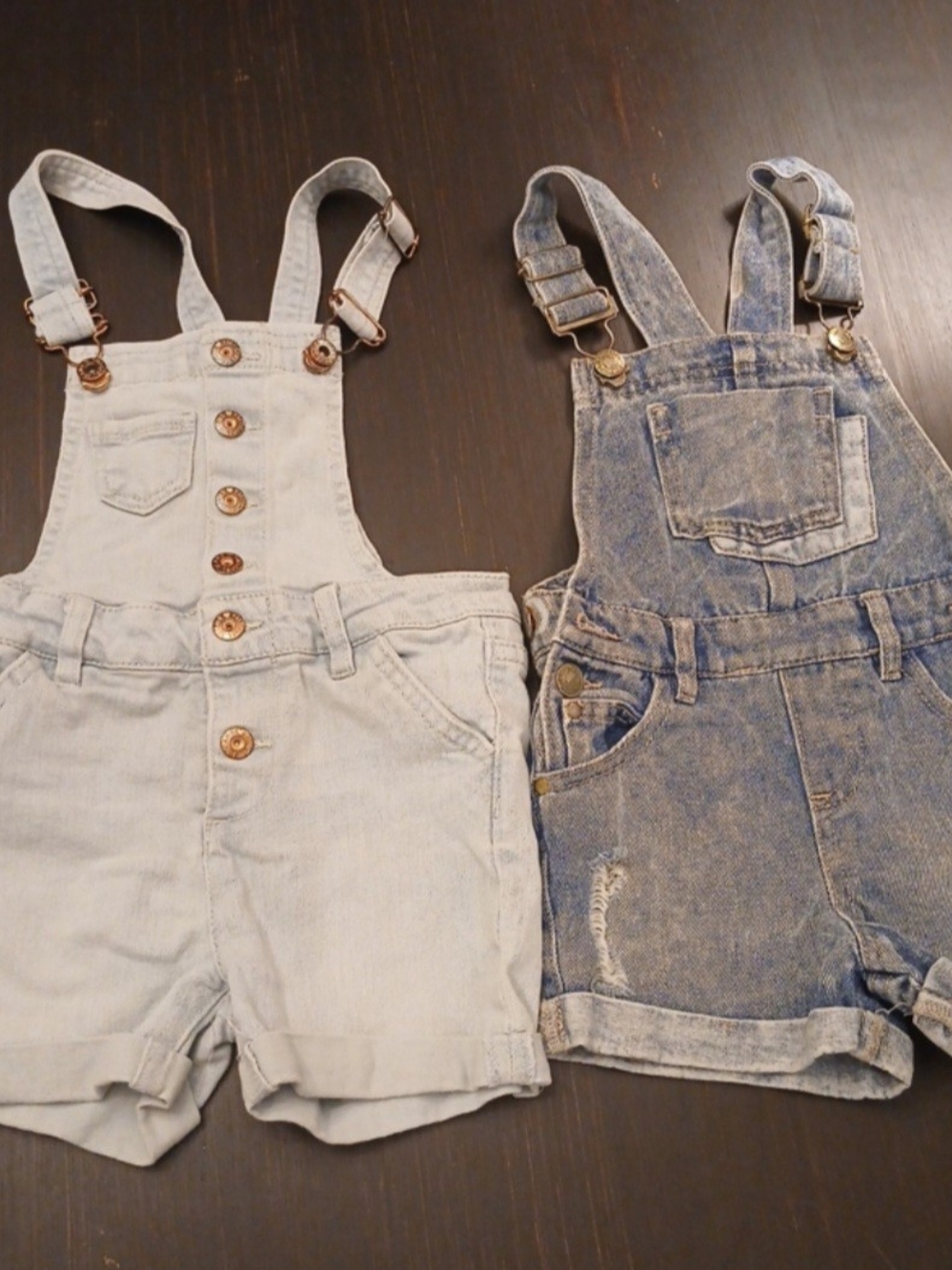 Girls Denim Short Overalls - Light Blue and Washed Blue